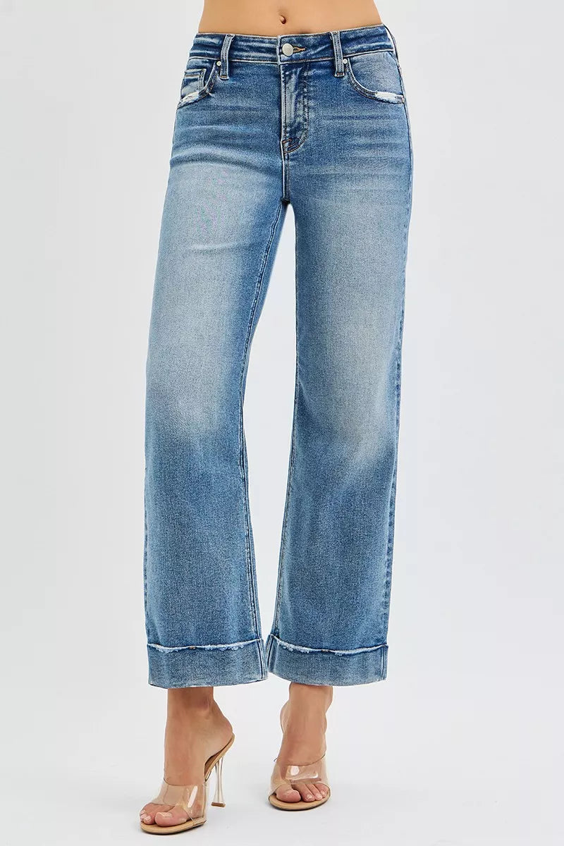 RISEN Full Size Mid Rise Crop Straight Jeans with Taylor Cuffed Plus Size | Jeans Daverri Fashions