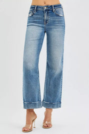 RISEN Full Size Mid Rise Crop Straight Jeans with Taylor Cuffed Plus Size | Jeans Daverri Fashions
