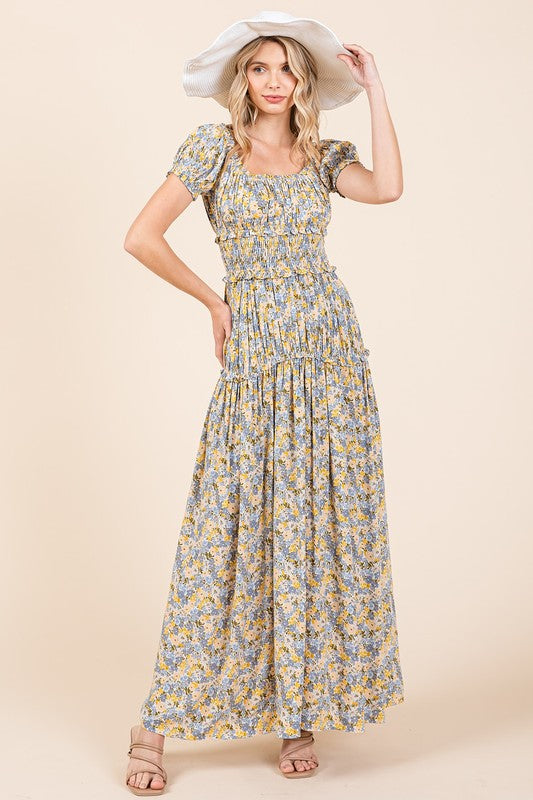 Mittoshop Flower Print Puff Sleeve Gathered Maxi Dress