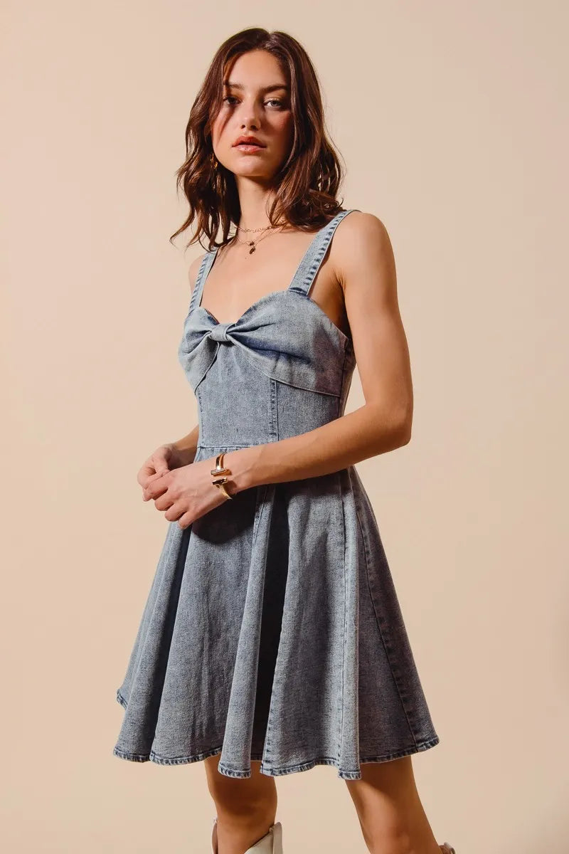 SO ME Mineral Washed Bow Ribbon Denim Flare Dress Mini Dresses