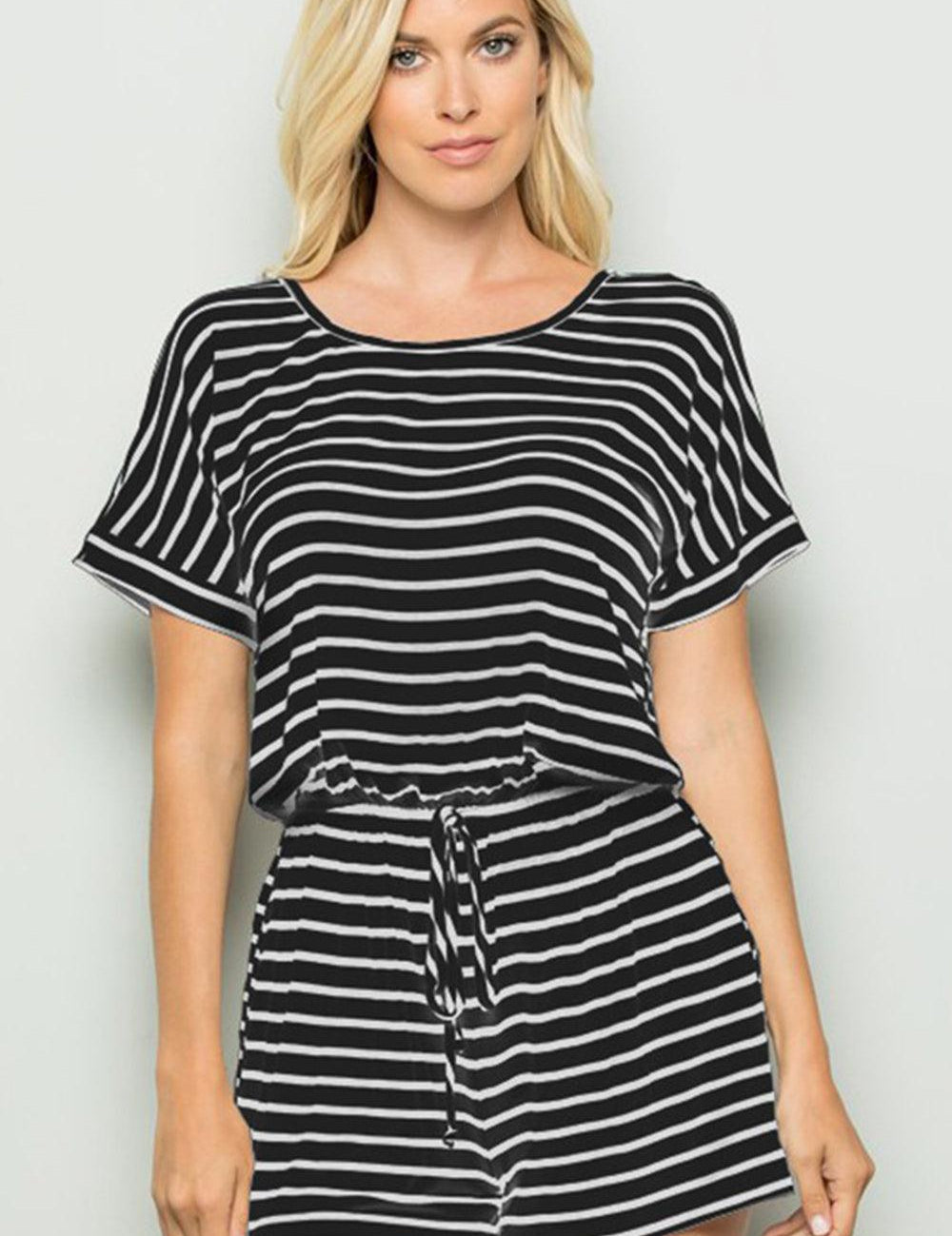 Heimish Full Size Striped Round Neck Short Sleeve Romper BLACKIVORY Rompers