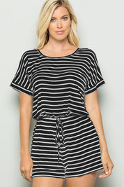 Heimish Full Size Striped Round Neck Short Sleeve Romper BLACKIVORY Rompers