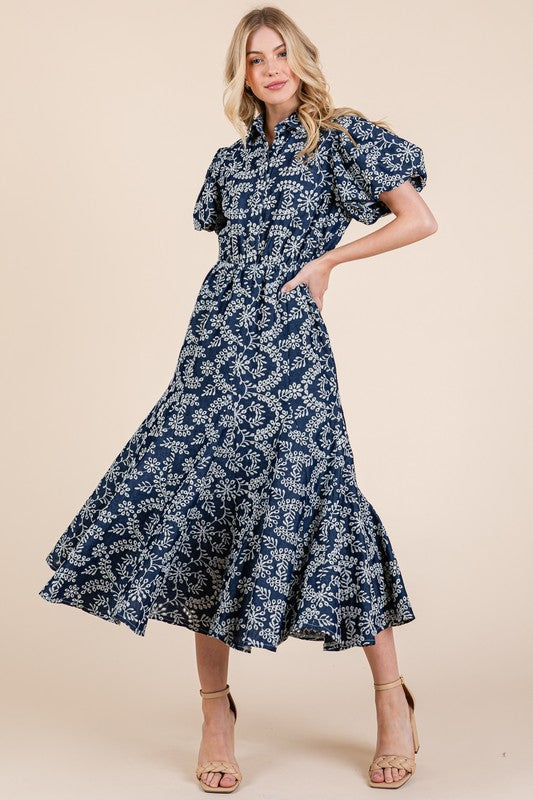 GeeGee Natural Leaf Pattern Eyelet Lace Puff Sleeve Dress Navy