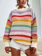 Rainbow Striped Drop Shoulder Oversized Sweater | Sweaters Daverri Fashions