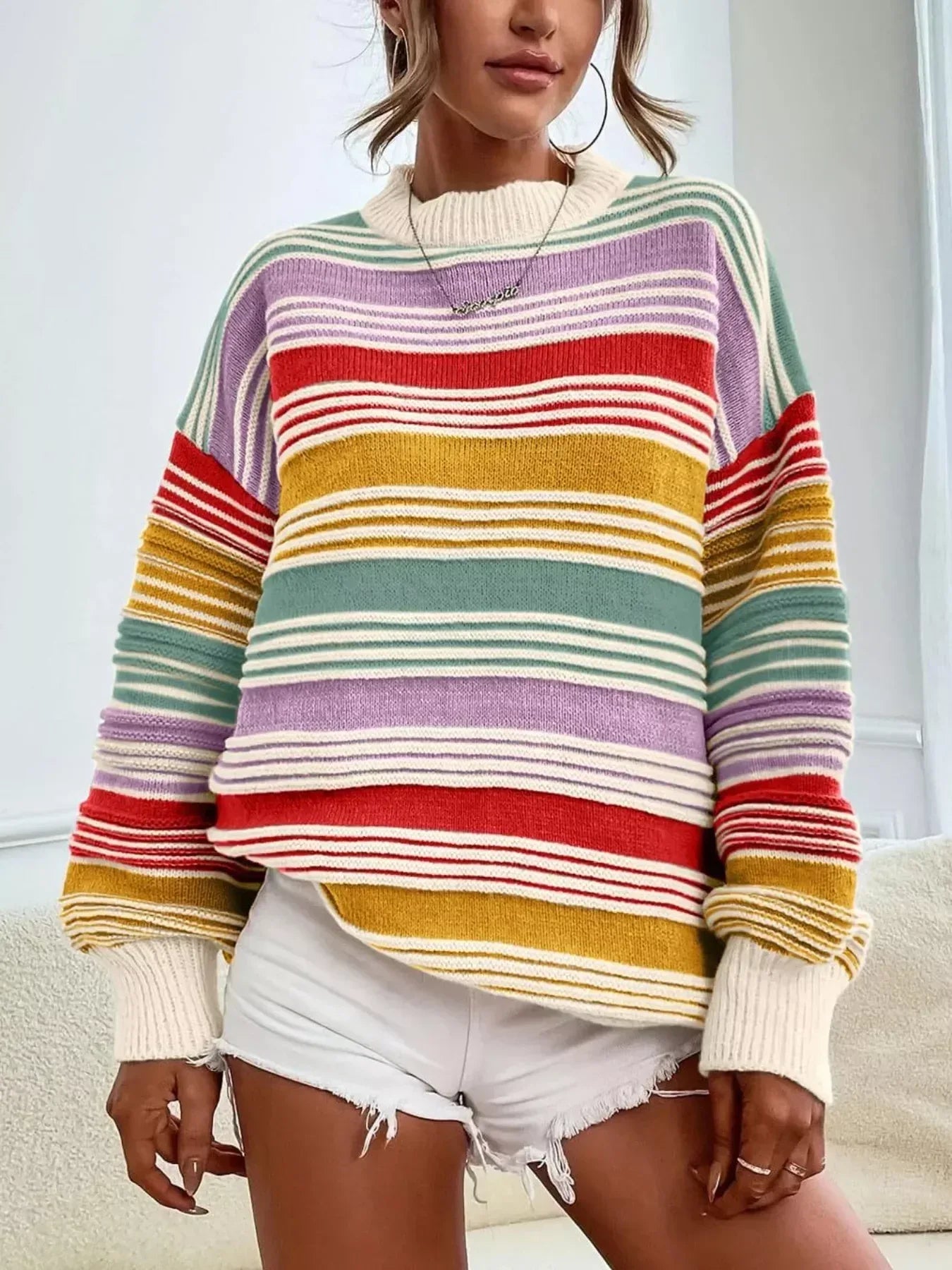 Rainbow Striped Drop Shoulder Oversized Sweater - DAVERRI FASHIONS