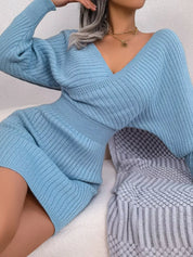 Sky Blue Surplice Long Sleeve Sweater Dress | Mini Dresses Daverri Fashions