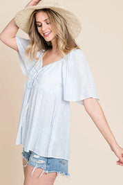 Lime 'N' Chili Thin Striped with Tie Front Babydoll Top | Tops Daverri Fashions