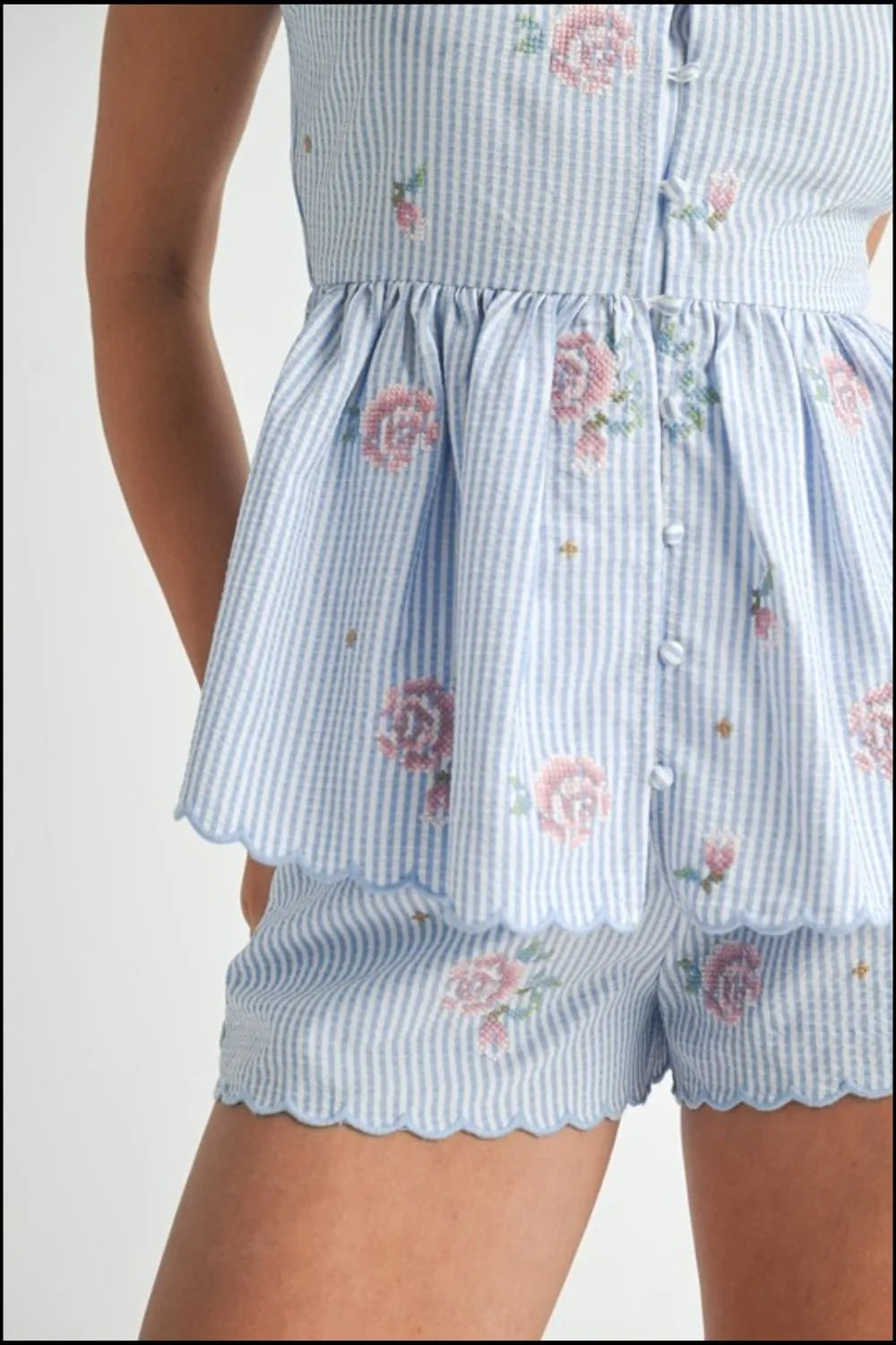 MABLE Stripe Embroidered Peplum Cami and Shorts Set Shorts Sets