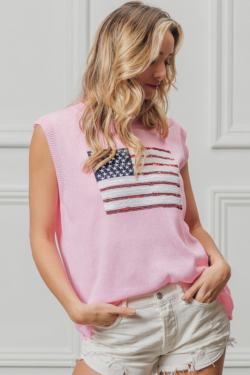 BiBi pink sleeveless knit top with American flag sequins patch on chest