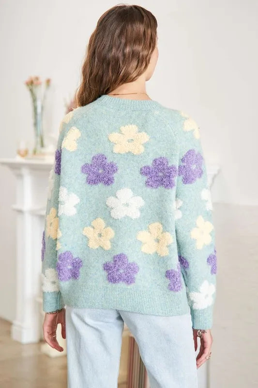 ADORA Floral Popped 2-Tone Sweater Top | Sweaters Daverri Fashions