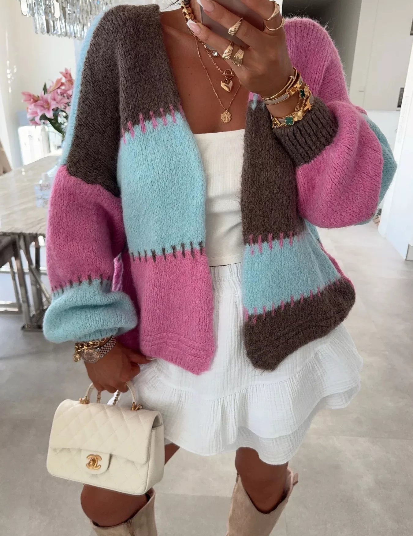 Rose Powder One Size Color Block Open Front Cardigan | Cardigans Daverri Fashions