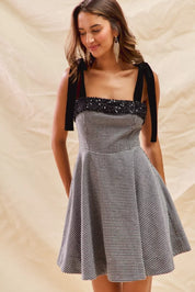 SO ME Houndstooth Fit Flare Mini Dress with Shoulder Tie | Mini Dresses Daverri Fashions