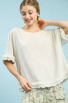 Umgee Linen Frayed Hem Scallop Edge Top in soft oatmeal
