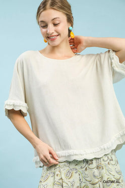 Umgee Linen Frayed Hem Scallop Edge Top in soft oatmeal