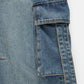 Blue denim cargo pocket with reinforced stitching on Vintage Wash Wide Leg Cargo Jeans