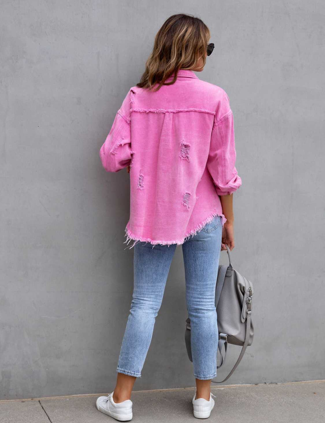 Distressed Drop Shoulder Denim Jacket | Denim Jackets Daverri Fashions