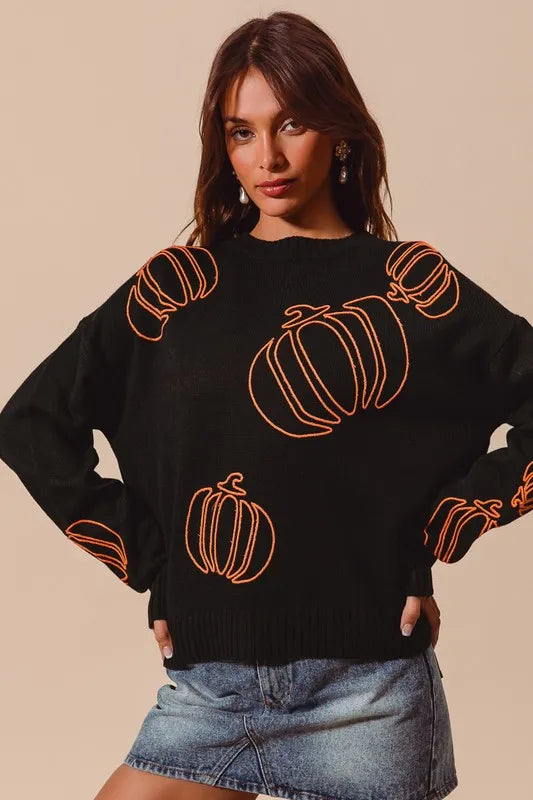Pumpkin Embroidered Halloween Thanksgiving Sweater BLACK ORANGE Sweaters