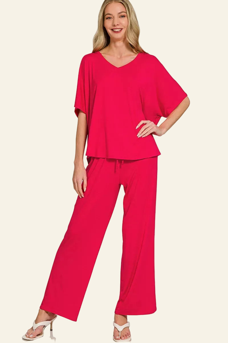 Zenana vibrant ruby red V-neck oversized top and pants set