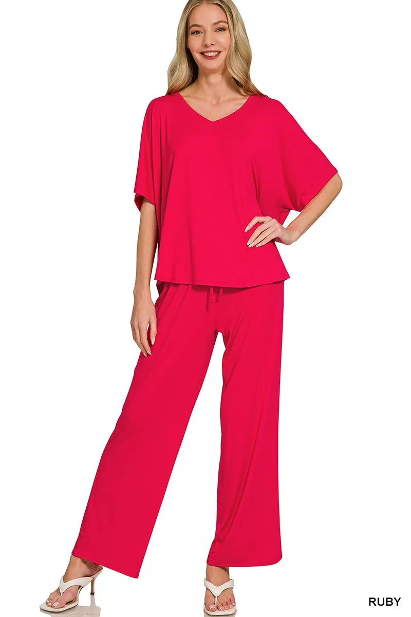 Zenana vibrant ruby red V-neck oversized top and pants set