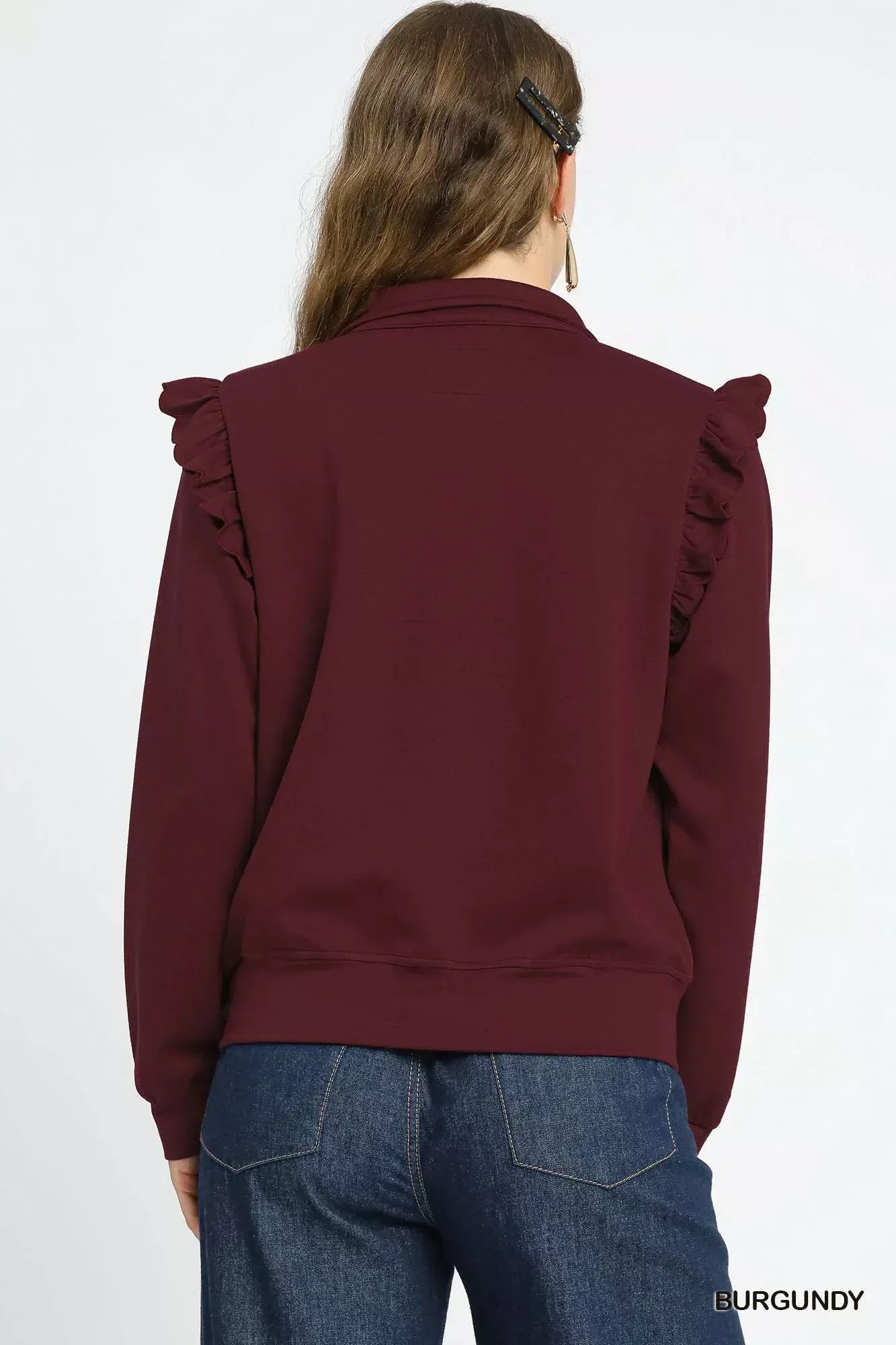 Umgee Luxeknit Ruffle Shoulder Quarter-Zip Sweatshirt - DAVERRI FASHIONS