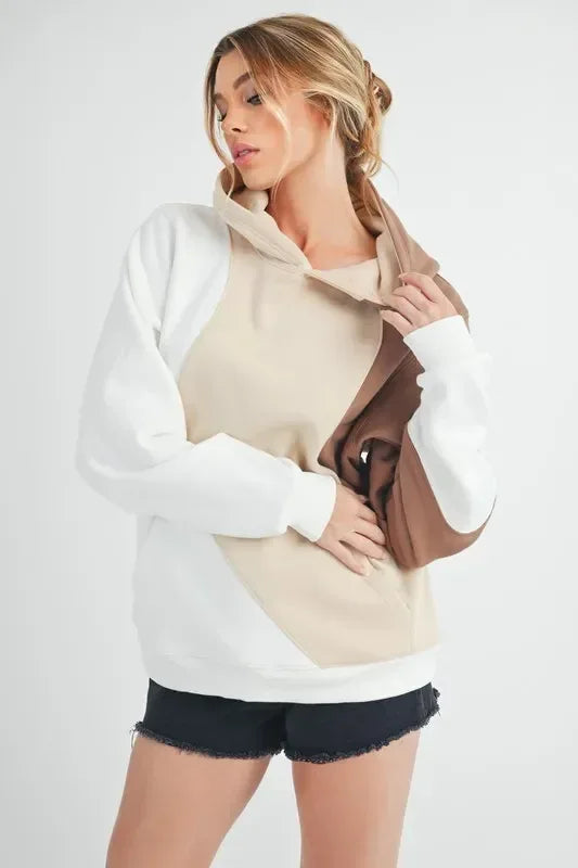 Aemi + Co Color Block Hoodie with Kangaroo Pocket - DAVERRI FASHIONS