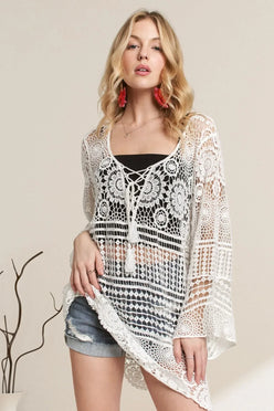 ADORA Front Lace Up Crochet Cover Up - DAVERRI FASHIONS