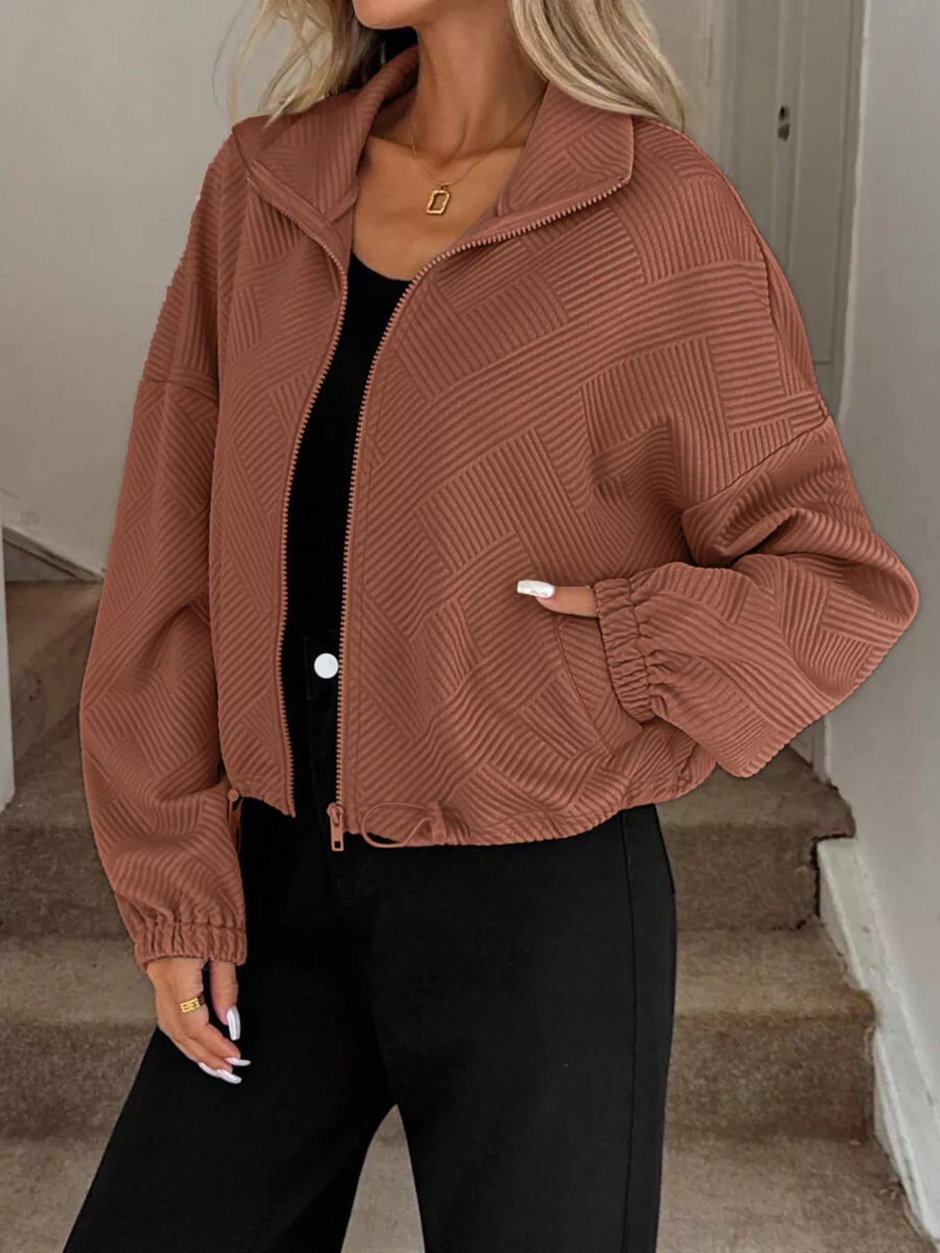 Drawstring Hem Textured Long Sleeve Jacket | Jackets Daverri Fashions