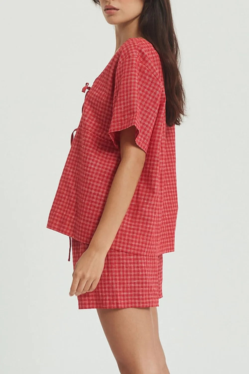Plaid Tied Scoop Neck Short Sleeve Top and Drawstring Shorts Set | Outfit Sets Daverri Fashions
