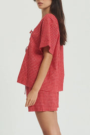 Plaid Tied Scoop Neck Short Sleeve Top and Drawstring Shorts Set | Outfit Sets Daverri Fashions