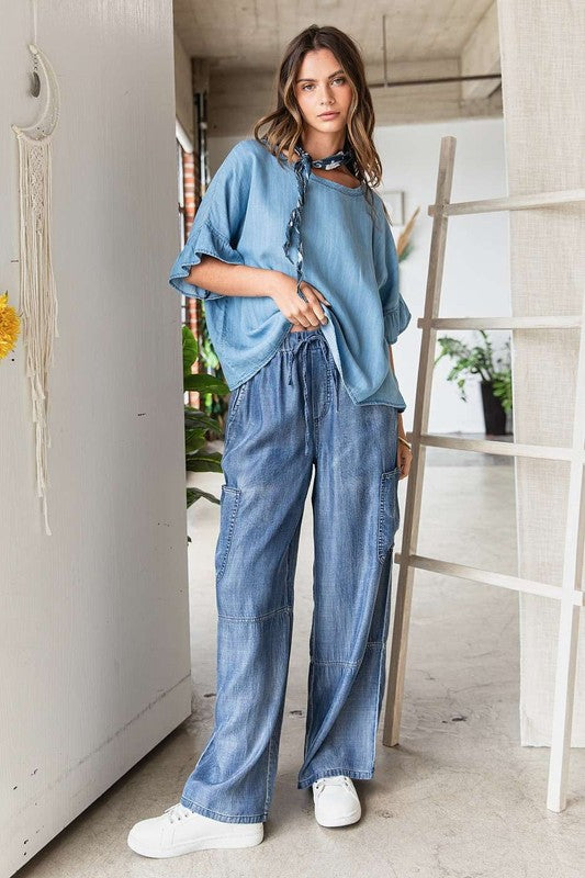 Mittoshop Washed Elastic Waist Cargo Wide Leg Pants Cargo Pants