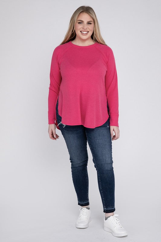 Plus Melange Baby Waffle Long Sleeve Top Plus Tops