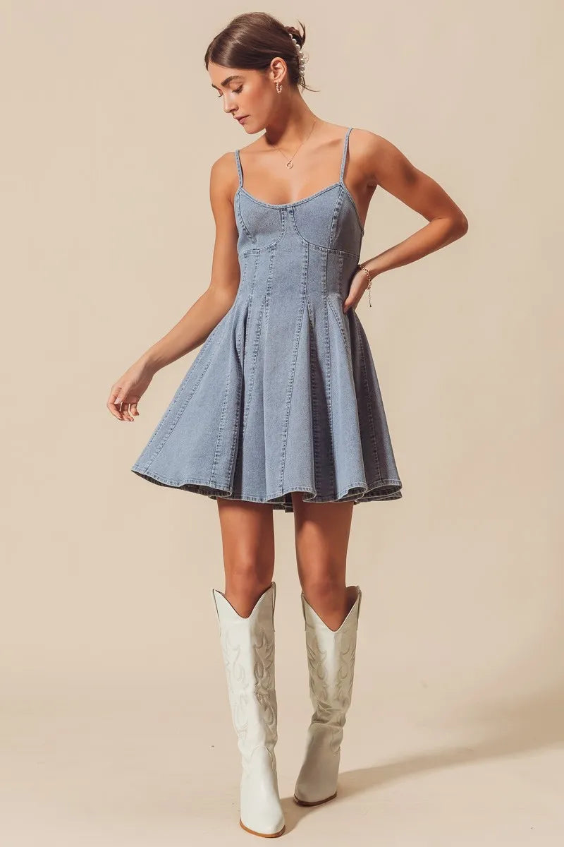 SO ME light blue A-line fit and flare denim mini dress with thin straps