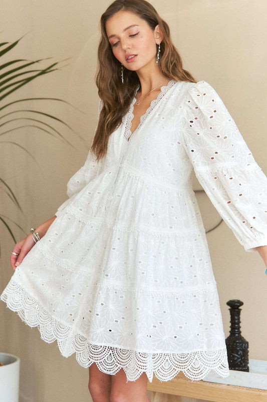 Lace Detail Tiered Eyelet V-Neck Babydoll Dress Midi Dresses