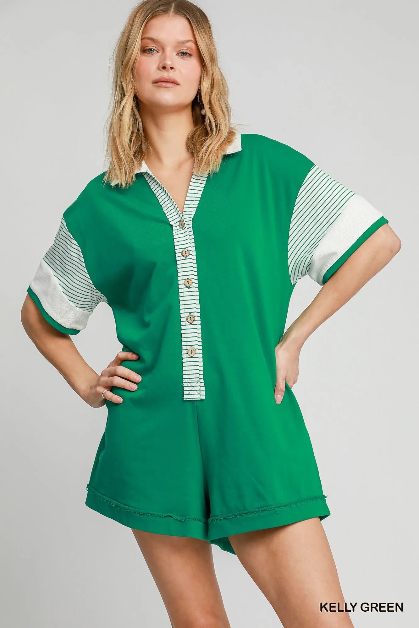 Umgee French Terry Collared Colorblock Romper KELLY GREEN