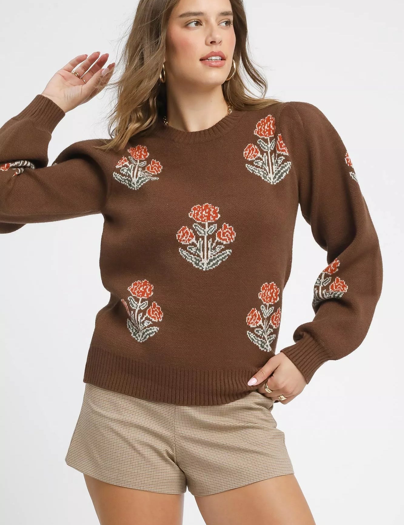 ESPRESSO Umgee Floral Knit Sweater with Puff Sleeves | Daverri Fashions