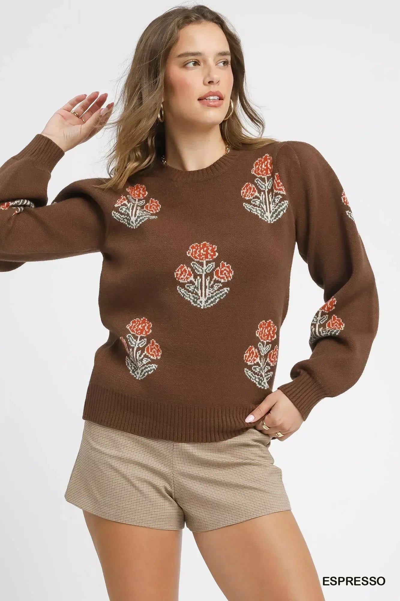 Umgee Floral Knit Sweater with Puff Sleeves - DAVERRI FASHIONS