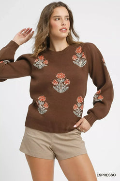 Umgee Floral Knit Sweater with Puff Sleeves - DAVERRI FASHIONS