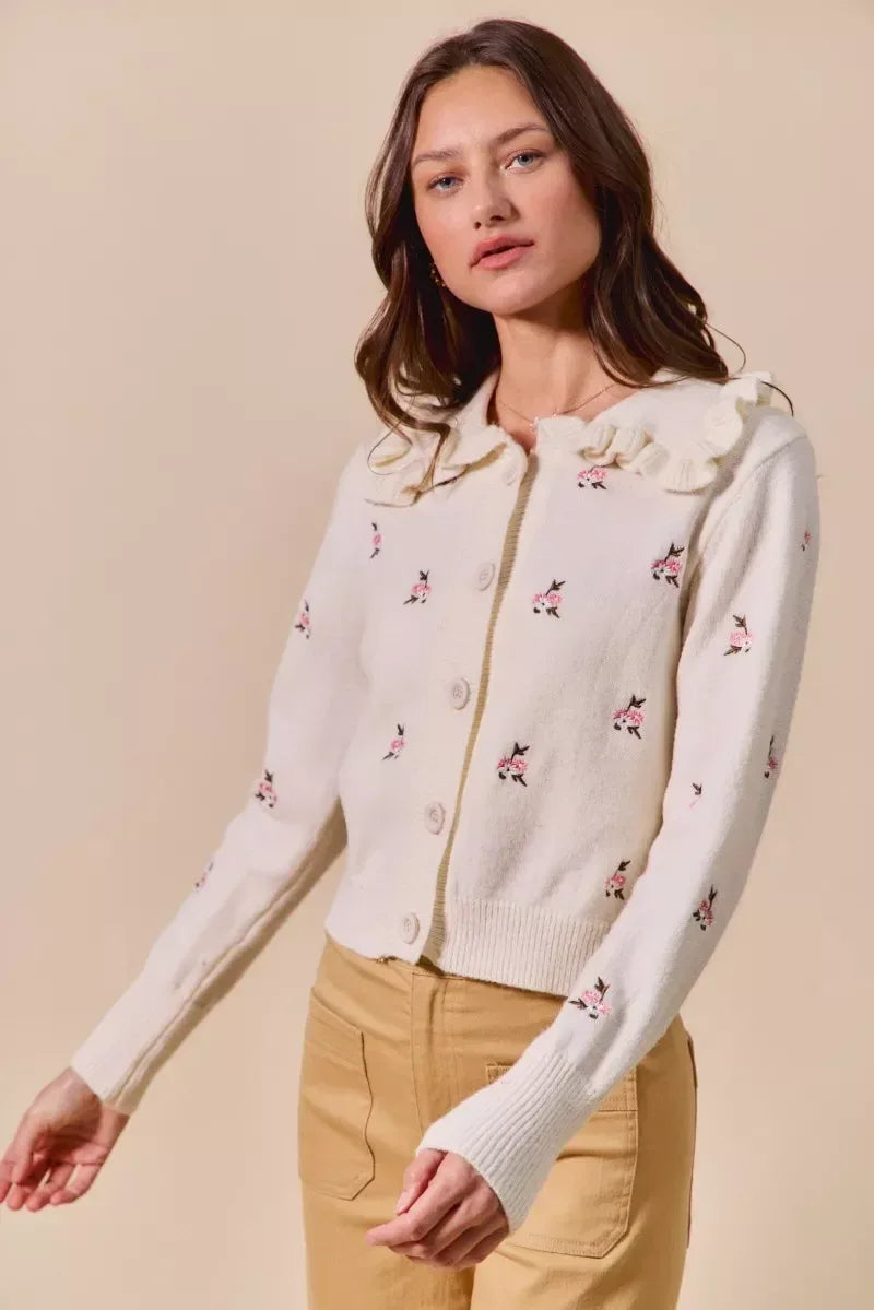 SO ME Collared Floral Embroidered Button Down Sweater Cardigan - DAVERRI FASHIONS