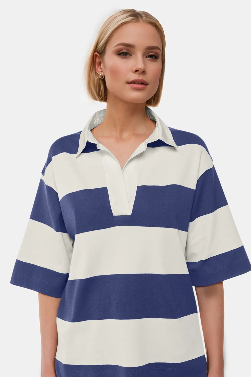 Daverri Pima cotton blue and white striped johnny collar top