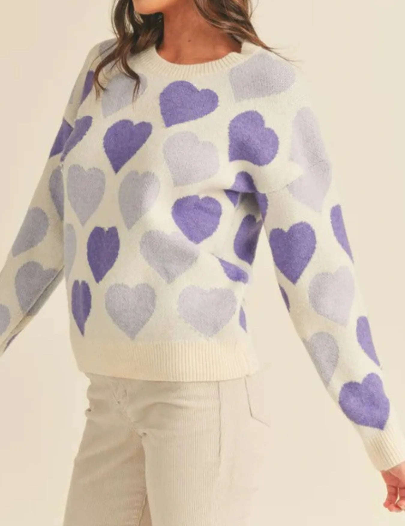 Pink Purple Heart Ribbed Hem Long Sleeve Sweater | Sweaters Daverri Fashions