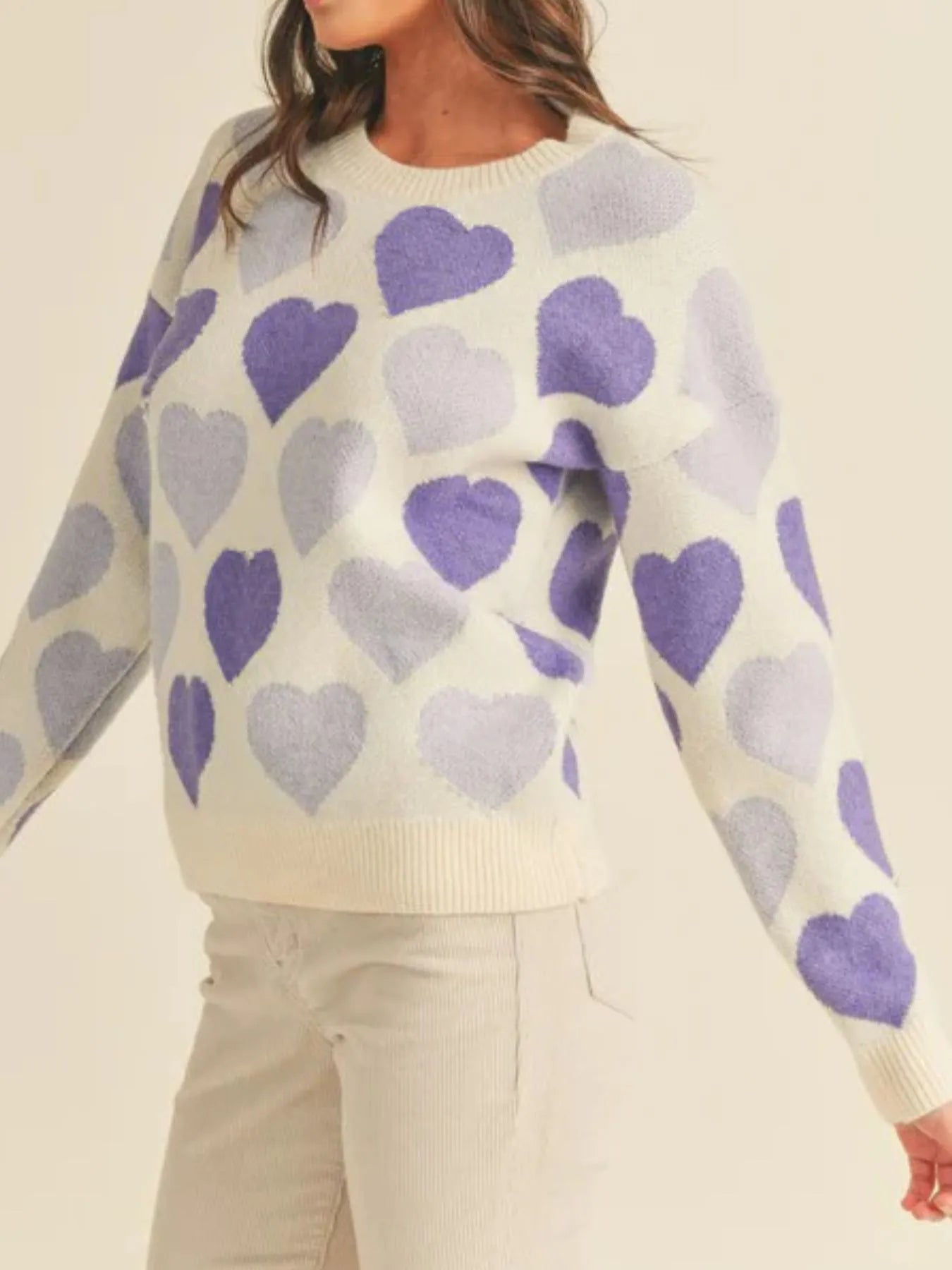 Pink Purple Heart Ribbed Hem Long Sleeve Sweater | Sweaters Daverri Fashions