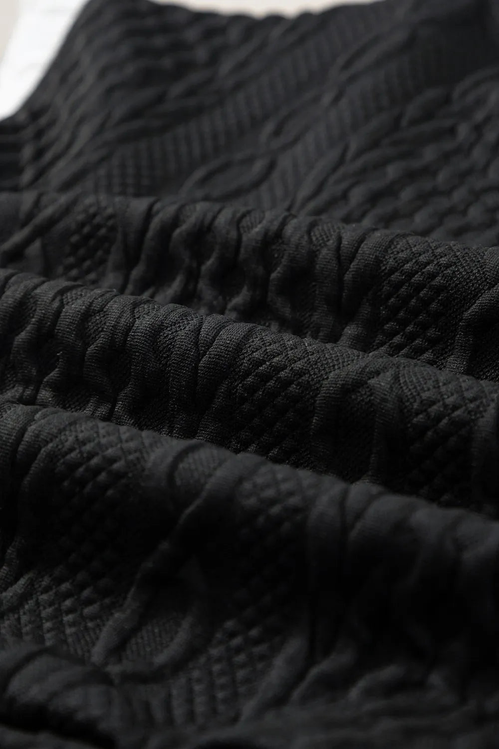 Black textured cable-knit fabric in Contrast Trim Round Neck Top and Shorts Set