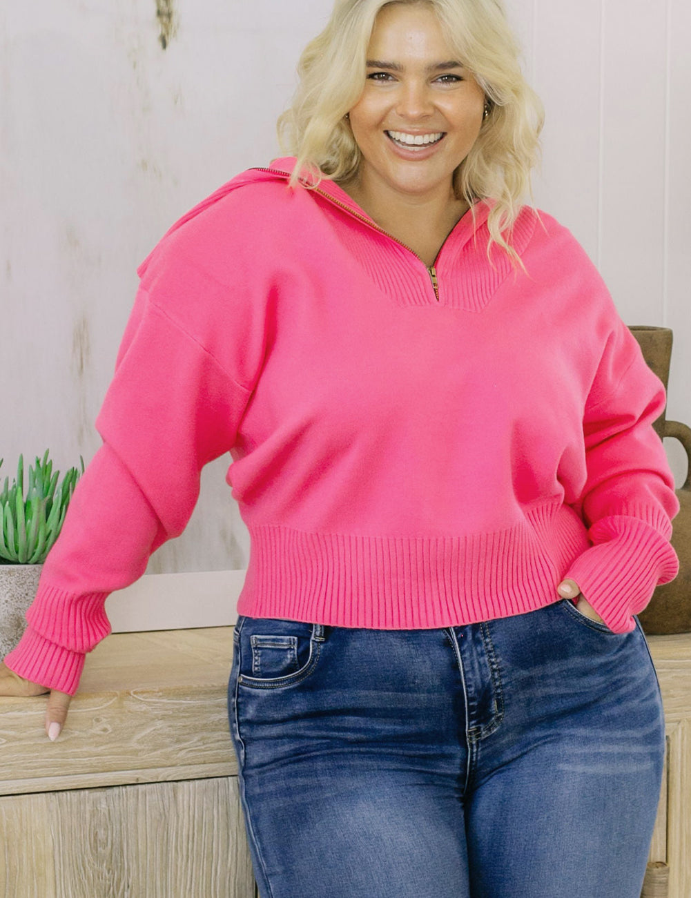Neon pink plus size hooded half-zip collared sweater