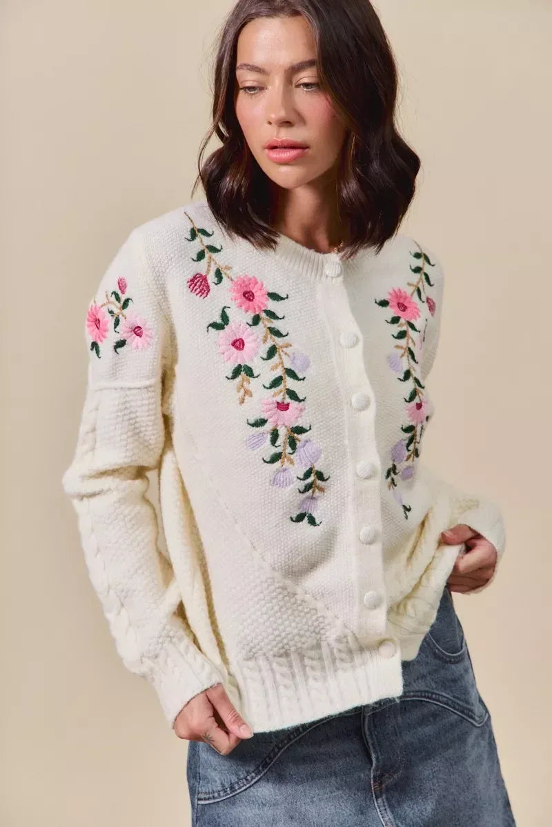 SO ME Floral Embroidered Coquette Sweater Cardigan - DAVERRI FASHIONS