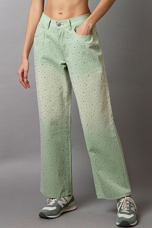 POL Embellishments Gradient Wide Leg Pants Light Green Bottoms