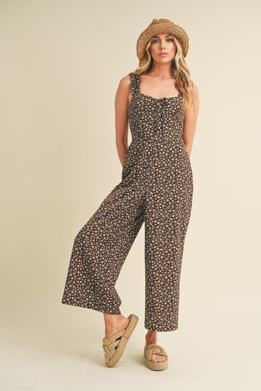 Aemi + Co Chocolate Floral Sweetheart Neck Wide Leg Jumpsuit Chocolate Jumpsuits