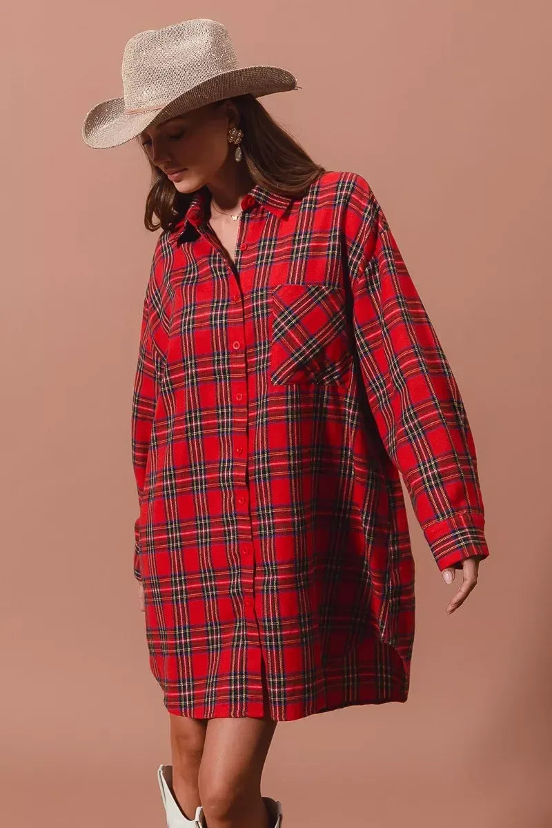 SO ME Christmas Checker Plaid Button Up Shirt Dress - DAVERRI FASHIONS