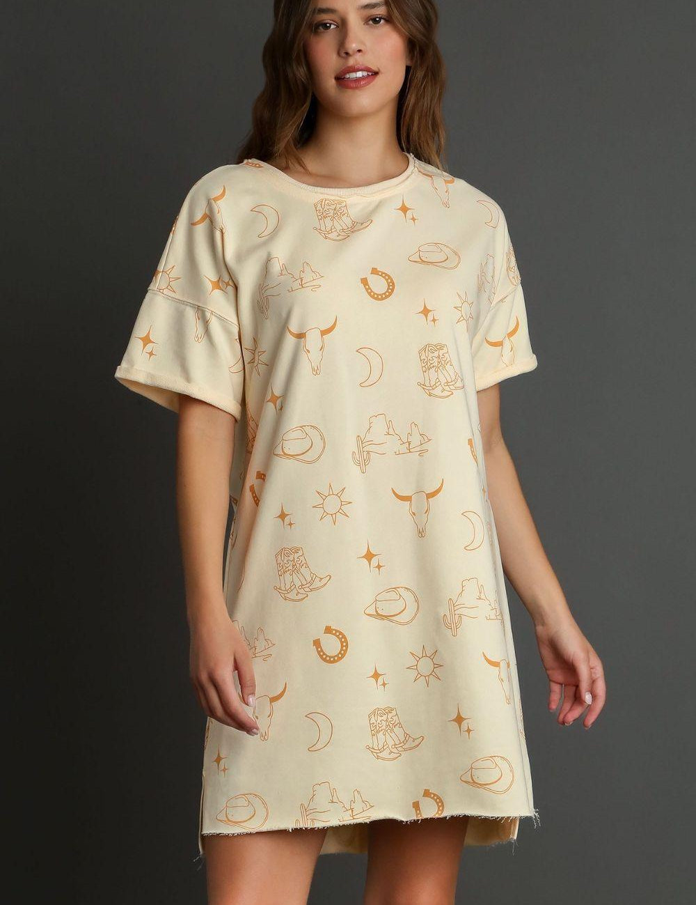 NATURAL Umgee Full Size French Terry Short Sleeve Round Neck Dress Plus Size | Daverri Fashions