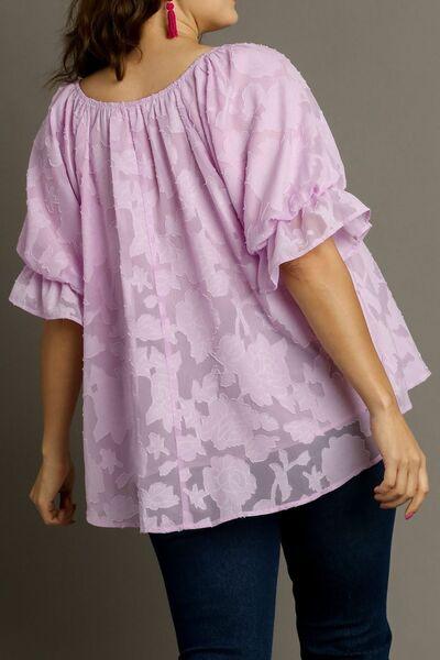 Umgee Full Size Jacquard Round Neck Ruffled Puff Sleeve Blouse Plus Size Blouses