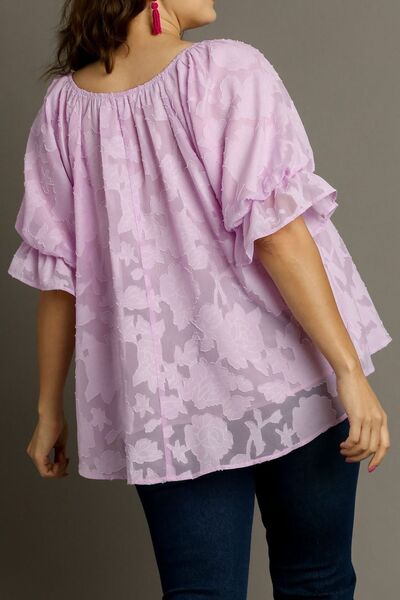 Umgee Full Size Jacquard Round Neck Ruffled Puff Sleeve Blouse Plus Size Tops